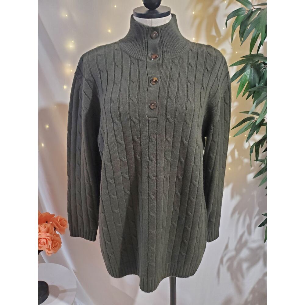 Liz Claiborne Olive Green Cable Knit Button-Front Sweater